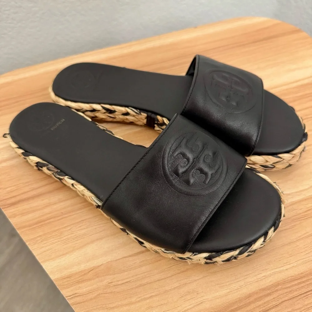 Tory Burch Black Leather Logo Espadrilles Open Toe Sandals Size 7.5